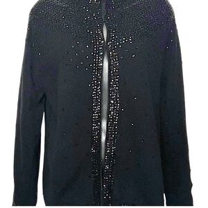 Mid Century Bead & Sequin Wool Pinup Black Cardigan.